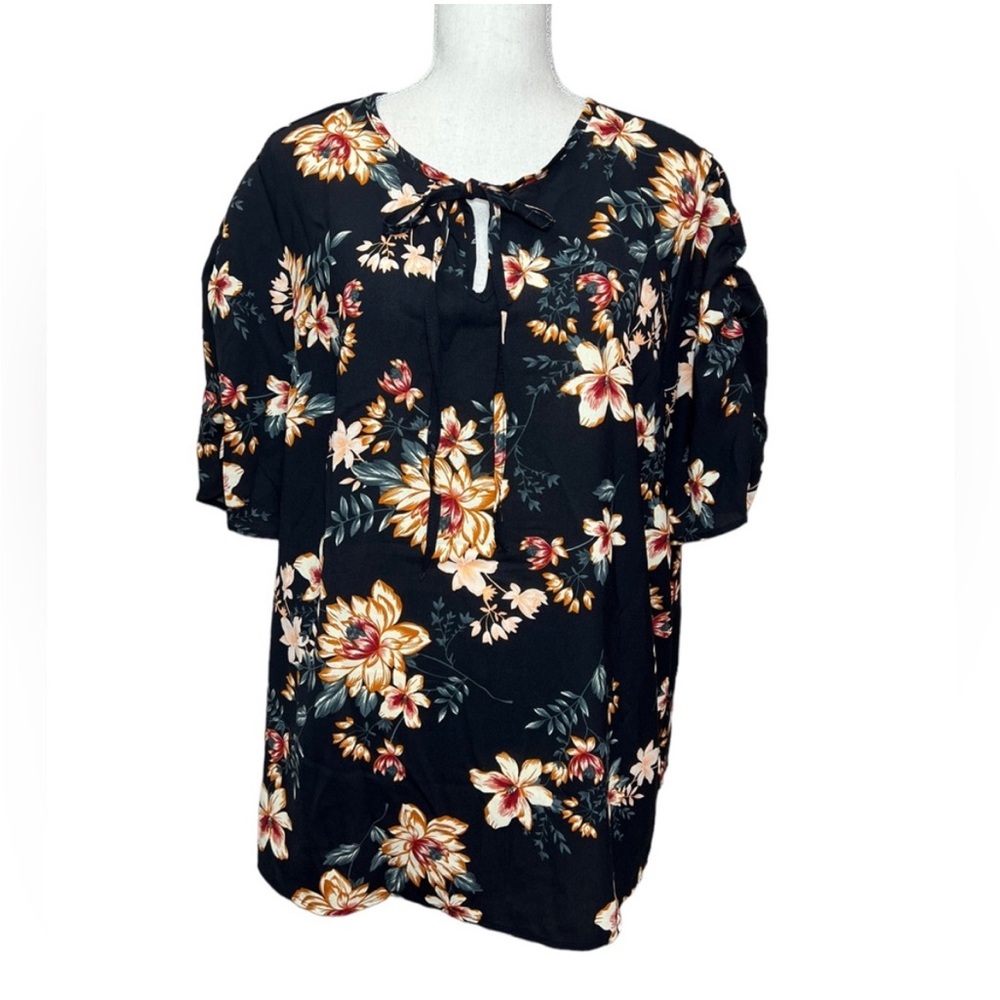 Emery Rose Black, Orange, Red, Peach, Floral Short Sleeve Blouse Size 2X